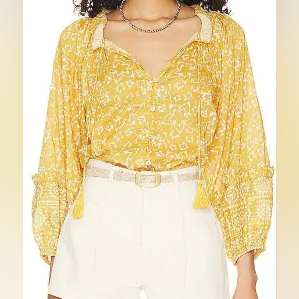 Cleobella Lyra Yellow & White Long Sleeve Ruffled Neckline Blouse Misses Medium
